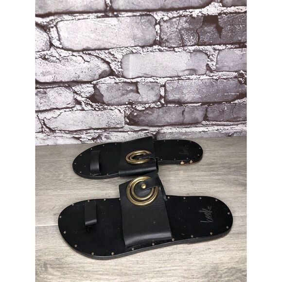 Beek Black Leather Handmade Gold Toe Ring Flats Sandals Women Sz 7M US/38EU - Picture 1 of 16